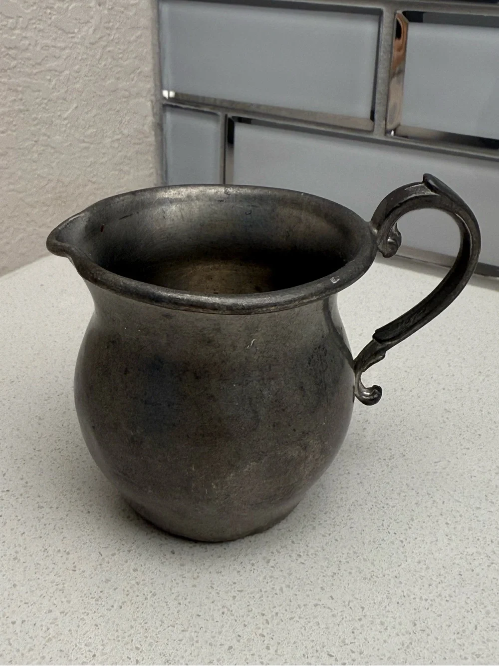 Vintage Pewter Creamer Pitcher Colonial Style Scroll Handle